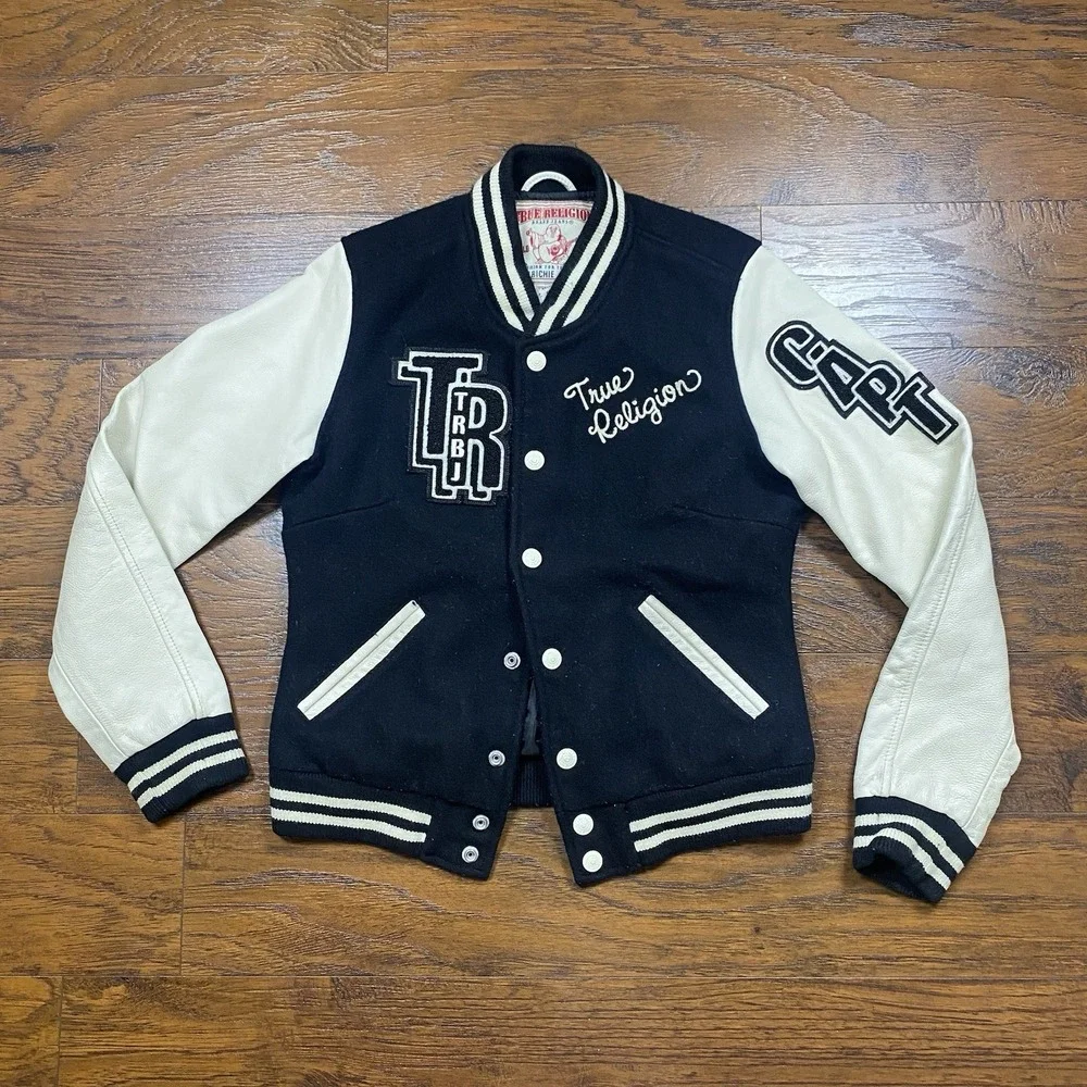 True Religion Richie Varsity Letterman Jacket Black Cream Leather Wool Mens M